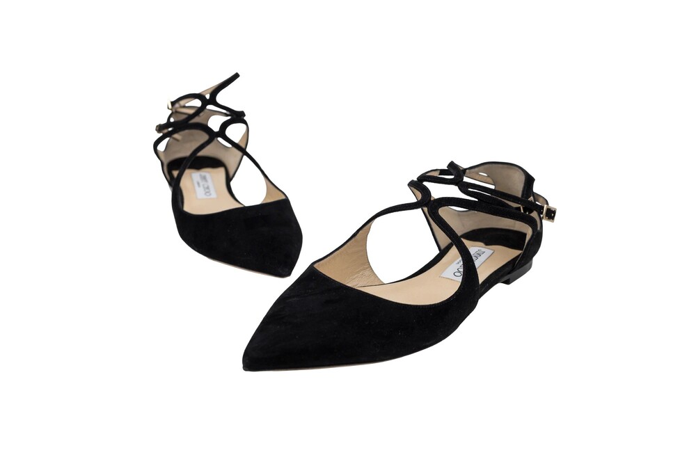 Jimmy Choo Black Lancer Pointed-Toe Flats Suede Gold Hardware Size 41